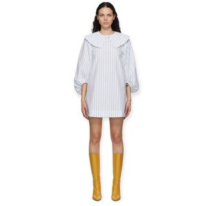 Ganni Blue and White Striped Balloon Sleeve Dress